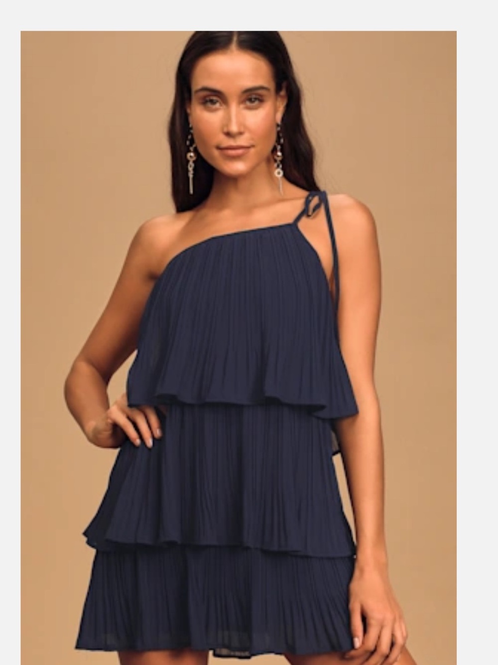 Lulus Navy Pleated Tiered One Shoulder Dress